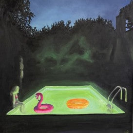 Artistic depiction of a pool with inflatable toys at night, surrounded by trees.