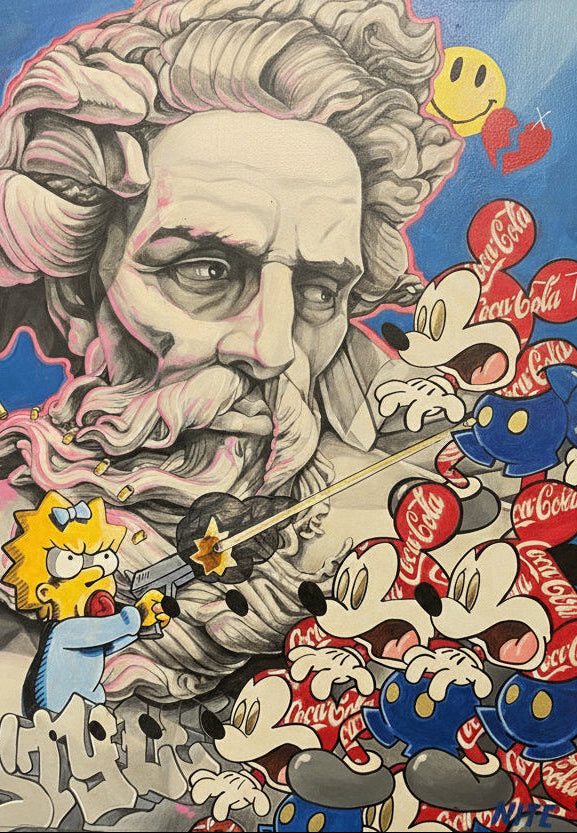 Collage of a classical portrait with cartoon characters and brand logos