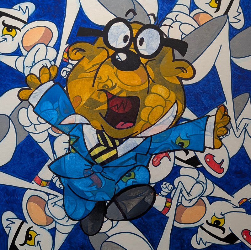Cartoon character in a blue outfit with goggles on a blue background depicting Penfold from Danger Mouse