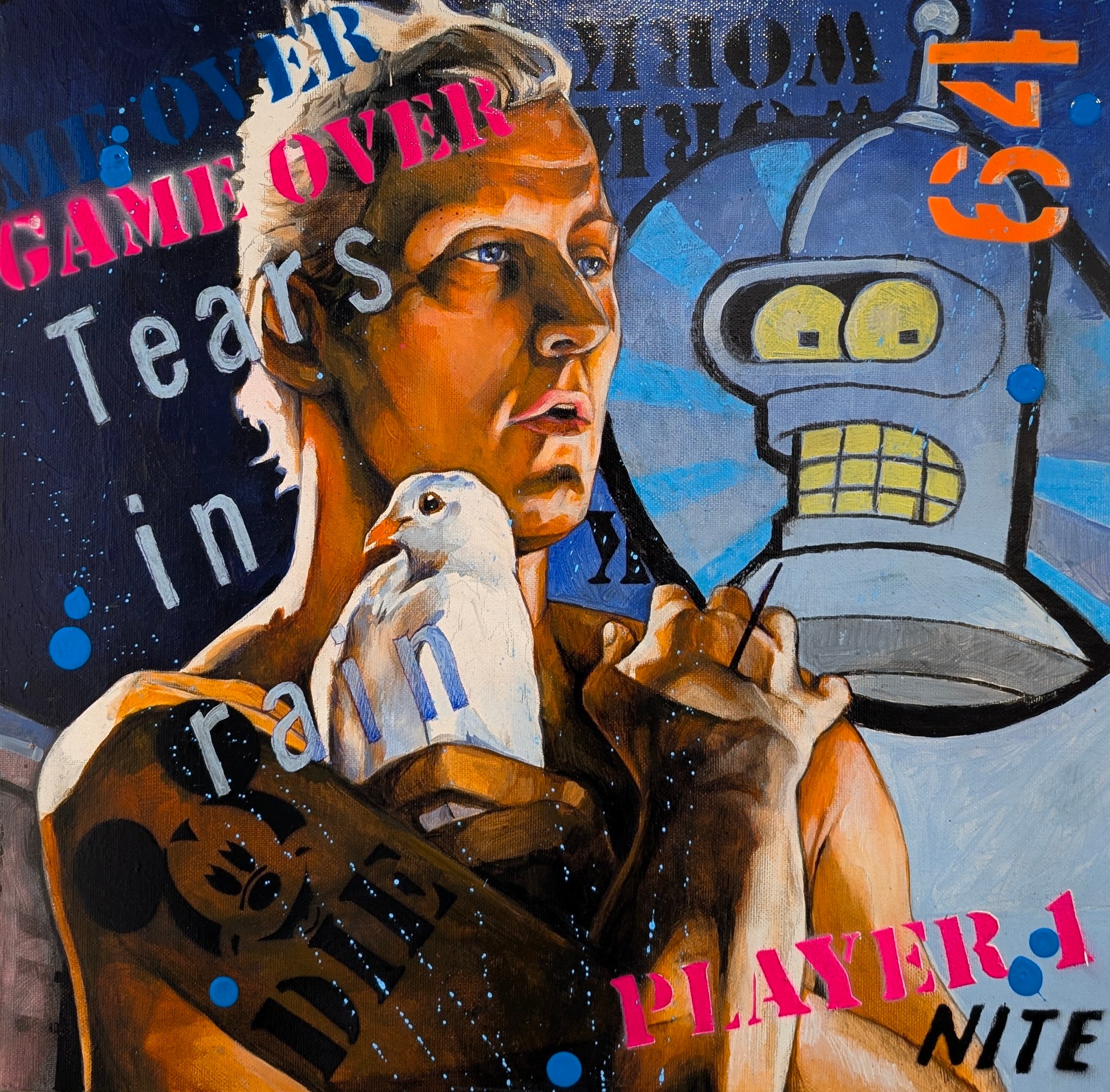 Machine desire to be human. Collage with a person, robot, and dove with text elements.