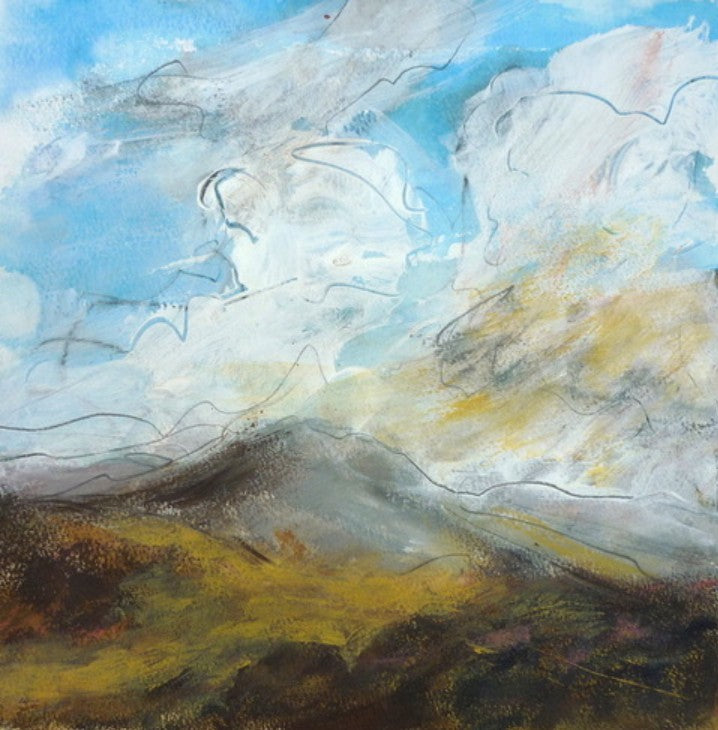 Abstract painting of a windy day in the hills with earthy tones and a blue sky