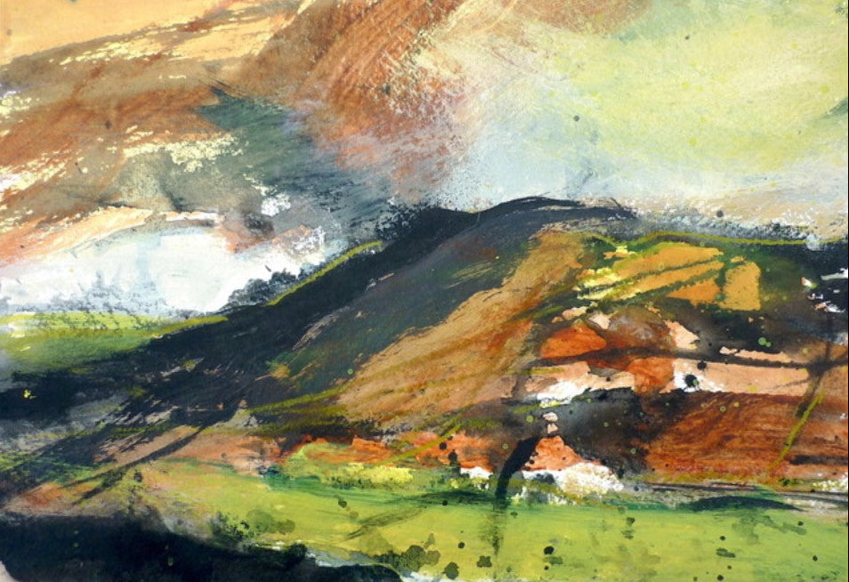 Watercolor landscape painting of hills and fields