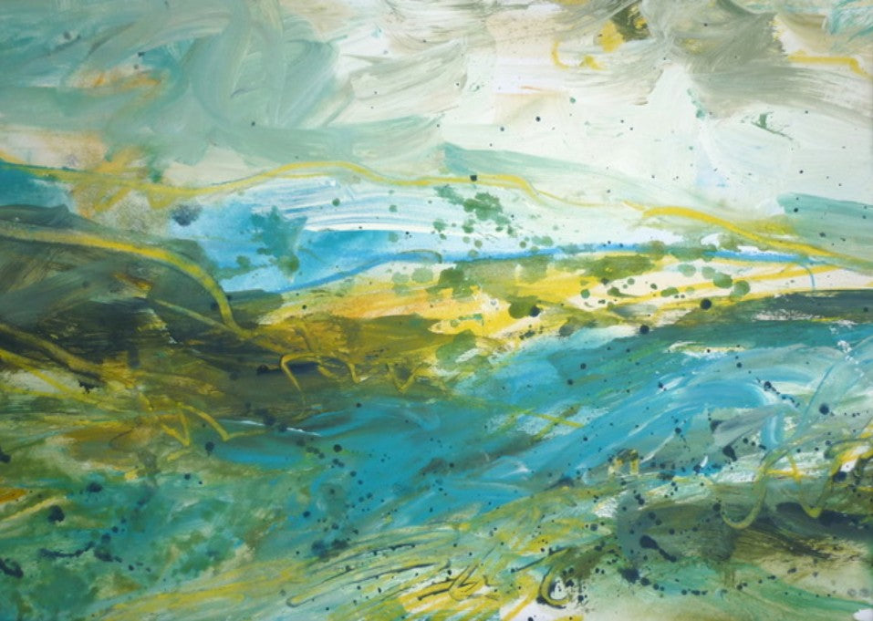 Abstract painting of Spring on the moors with blue, green, and yellow colours 