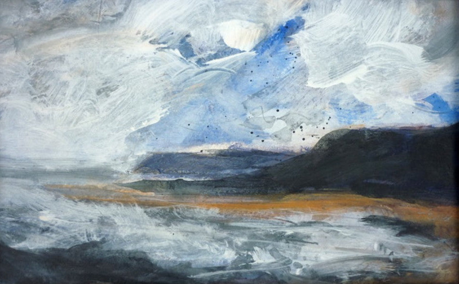 Abstract seascape painting with blue, gray, and brown tones