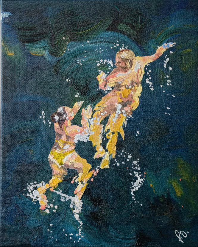 Artistic depiction of two figures in a dynamic pose with water effects