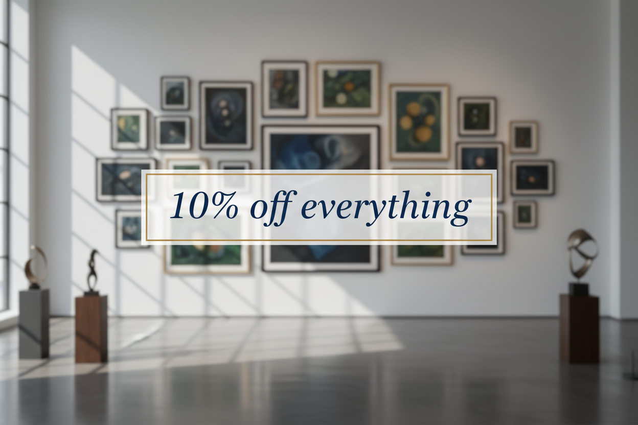 an image showing a blurred gallery wall full of pictures with a tasteful banner overlaid which says 10% off everything