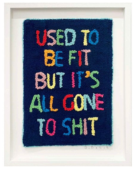 Framed text art with colorful letters on a blue background